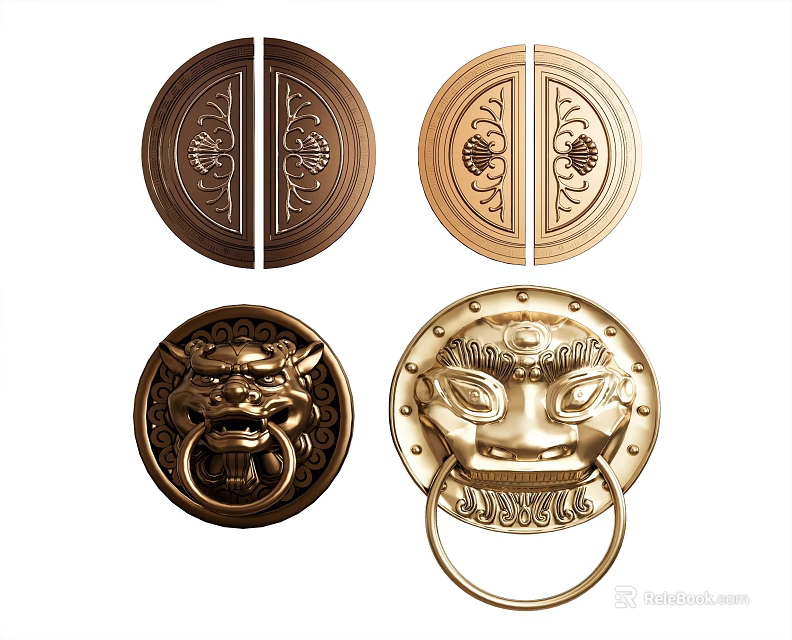 Traditional Brass Door Handles With Carved Patterns And Lion Head Design 3d model 