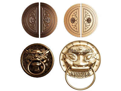 Traditional Brass Door Handles With Carved Patterns And Lion Head Design 3d model