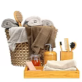 Practical Daily Washing Essentials With Rolled Towels Wicker Basket Brushes Soap Dispenser And Wooden Caddy