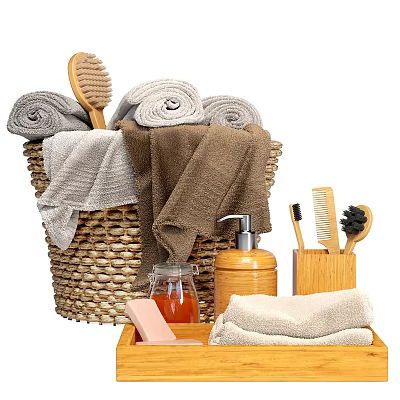 Practical Daily Washing Essentials With Rolled Towels Wicker Basket Brushes Soap Dispenser And Wooden Caddy 3d model