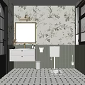 Elegant Bathroom Interior Design With Floral Wallpaper Green Tiles Vanity Mirror And White Toilet