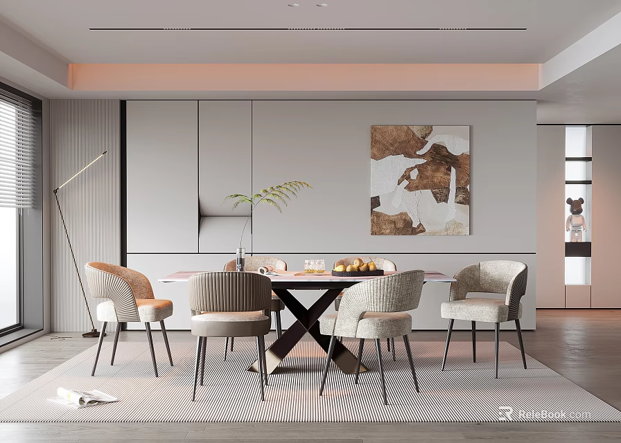 Modern Restaurant Interior With Dining Table Chairs Decorative Artwork Soft Lighting And Rug 3d model