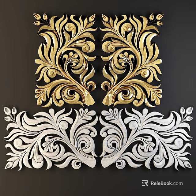 Golden And Silver Ornamental Components With Intricate Floral Scroll Patterns 3d model