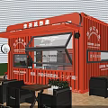 Red Container Hotpot Restaurant With Open Awning Glass Windows Doors And Red Scooter