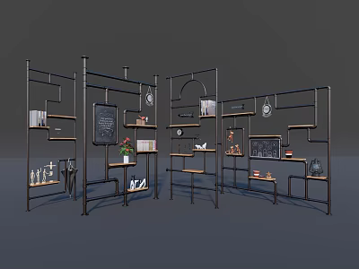 Metal Frame Display Shelf Unit with Multiple Shelves Books Flower Vases Chalkboard Hanging Lamps 3d model