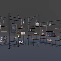 Metal Frame Display Shelf Unit with Multiple Shelves Books Flower Vases Chalkboard Hanging Lamps