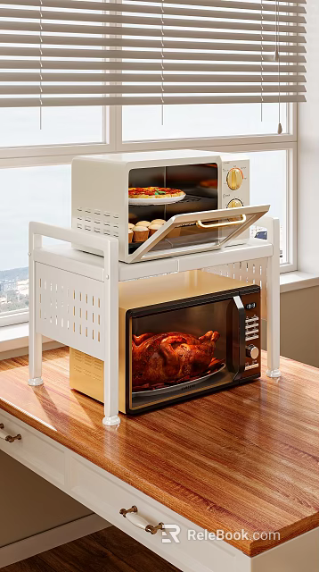 Decorative Ornament Combination With White Double Layer Rack Oven Microwave And Kitchen Food 3d model 