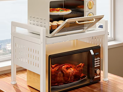 Decorative Ornament Combination With White Double Layer Rack Oven Microwave And Kitchen Food 3d model