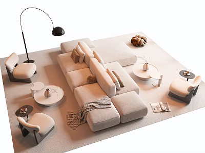 Modern Beige Modular Sofa And Coffee Table Set With Floor Lamp Accent Chairs And Pillows 3d model
