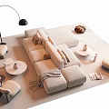 Modern Beige Modular Sofa And Coffee Table Set With Floor Lamp Accent Chairs And Pillows