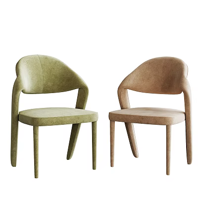 Modern Upholstered Dining Chairs With Curved Backrest Armrests And Slender Legs In Green Beige Fabric 3d model