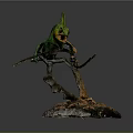 Green Chameleon Figure On Branch With Extended Tongue And Natural Textured Base