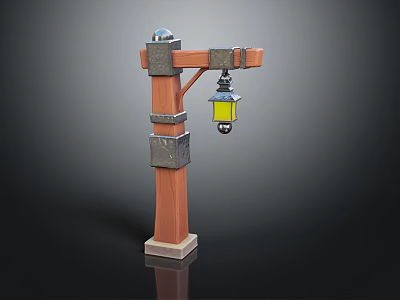 Wooden Lamp Post With Metal Braces Blue Top Finial Yellow Lantern And Square Base 3d model