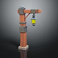 Wooden Lamp Post With Metal Braces Blue Top Finial Yellow Lantern And Square Base