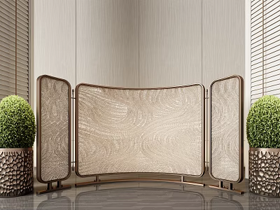 Modern Decorative Screen With Metal Frame And Textured Panels By Green Plants In Indoor Space 3d model