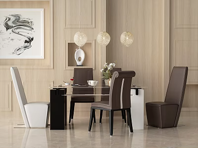 Modern Dining Table Set With Glass Top Two Tone Chairs Pendant Lights And Artwork 3d model