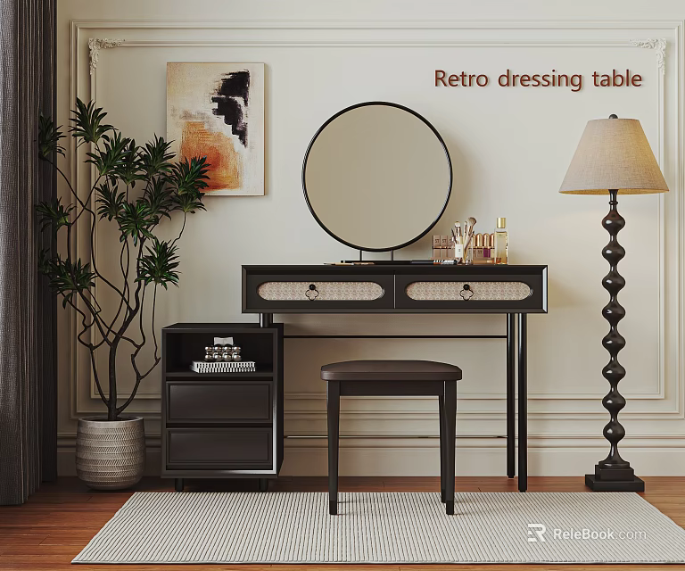 Retro Dressing Table Interior With Circular Mirror Cosmetics Stool And Floor Lamp 3d model 