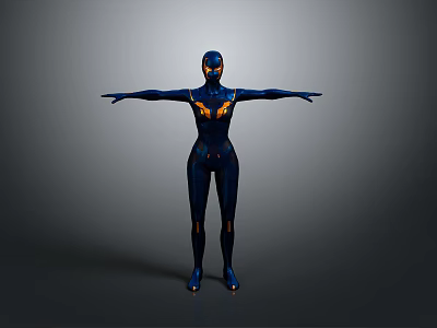 3D Humanoid Figure In Blue And Orange Bodysuit With Arms Outstretched On Gray Background 3d model