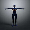 3D Humanoid Figure In Blue And Orange Bodysuit With Arms Outstretched On Gray Background