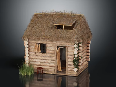 Log Cabin With Thatch Roof Log Walls Small Window Open Door Grass And Wooden Stool 3d model