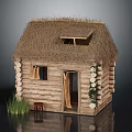 Log Cabin With Thatch Roof Log Walls Small Window Open Door Grass And Wooden Stool