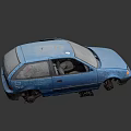Old Blue Car With Worn Out Body And Damaged Tires In Poor Condition