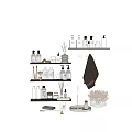 Organized Home Living Supplies With Bottles Towels Brushes Candles And Dried Flowers On Shelves