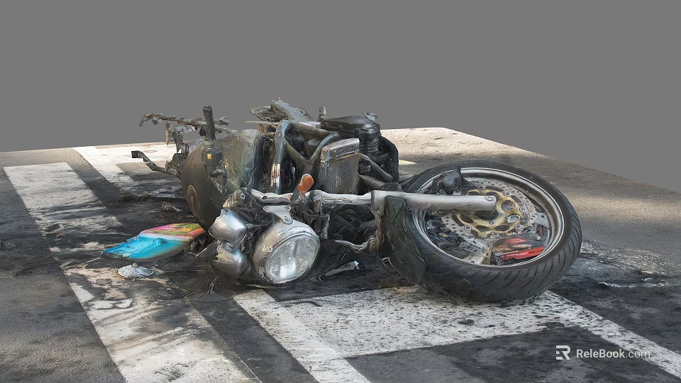 Wrecked Motorcycle With Scorched Parts And Broken Wheel On Zebra Crossing 3d model 