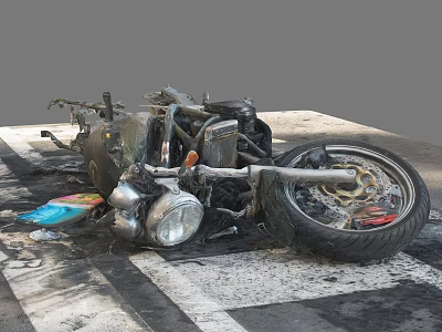 Wrecked Motorcycle With Scorched Parts And Broken Wheel On Zebra Crossing 3d model
