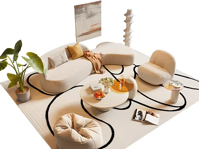 Modern Beige Sofa Coffee Table Set with Round Accent Chair Potted Plant and Area Rug 3d model