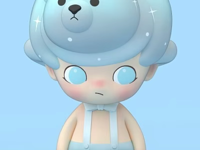 Cute Blue Game Movie Character With Bear Head Hat Big Eyes Sad Expression And Suspenders 3d model