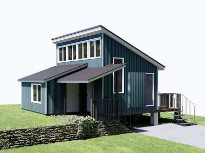 Two Story Green Exterior Guesthouse With Dark Roof Multiple Windows And Lawn Stone Wall 3d model