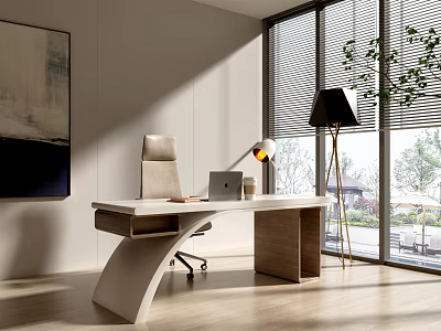 Modern Office Desk In Bright Interior With Leather Chair Laptop Table Lamp And Natural Light 3d model