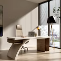 Modern Office Desk In Bright Interior With Leather Chair Laptop Table Lamp And Natural Light