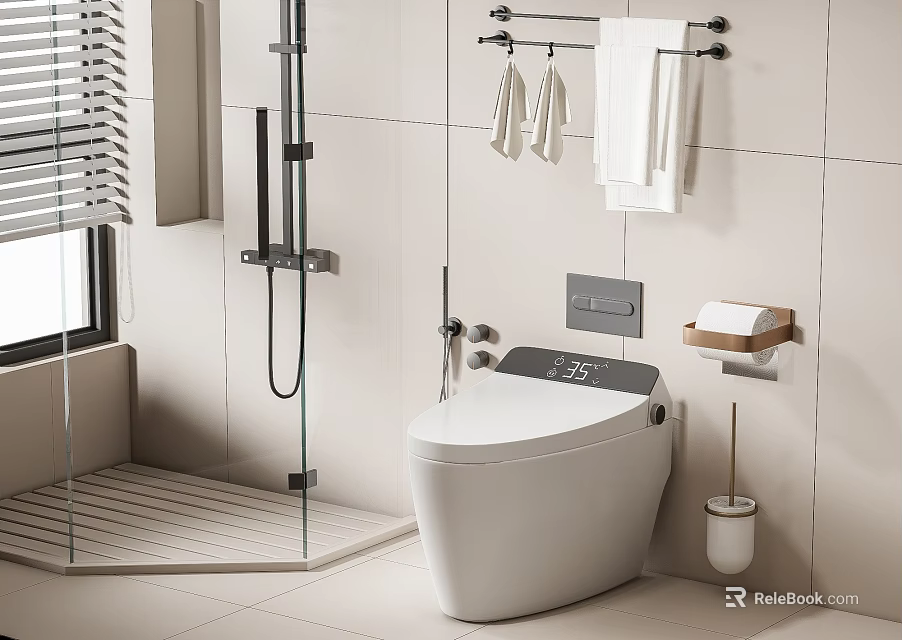 Contemporary Smart Toilet Bathroom With Towel Rack Soap Dish and Shower Area 3d model 