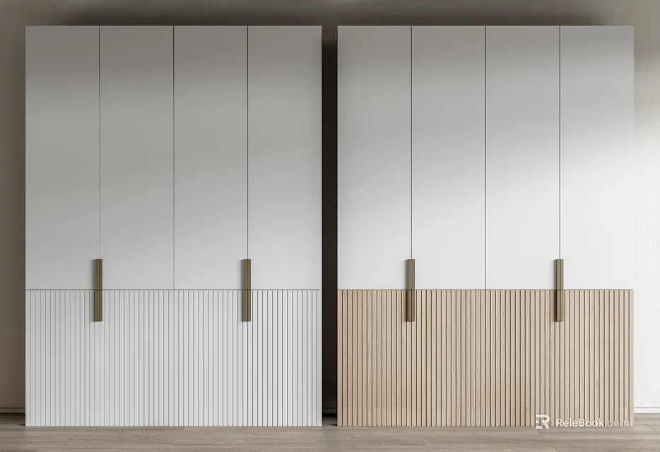 Modern White And Wooden Striped Wardrobe With Wood Panel And Metal Handles 3d model 