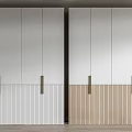 Modern White And Wooden Striped Wardrobe With Wood Panel And Metal Handles