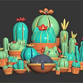 Cartoon Scene With Teal Cacti Cute Animals And Orange Flower Pots