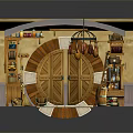Cartoon Wooden Store Scene With Double Doors Barrels Shelves And Red Checkered Carpet