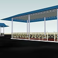 Blue Roof White Pillars Outdoor Covered Platform With Railing Structure 3d model