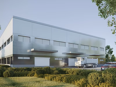 Modern Office Building With Metallic Facade Large Windows Trimmed Bushes Lawn And Parked Truck Car 3d model