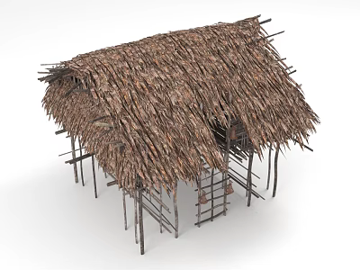 Traditional Rustic Thatched House With Thatch Roof And Wooden Support Structure 3d model