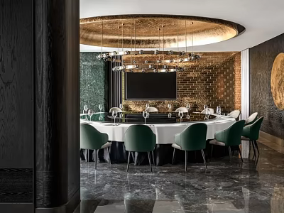 Round Luxury Dining Table Set With Green Chairs And Chandelier In Modern Interior 3d model