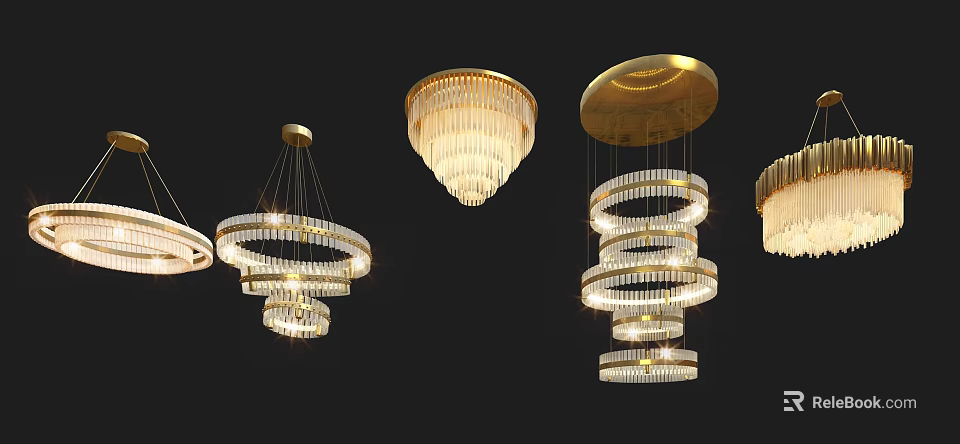 Decorative Various Design Chandeliers With Golden Frames And Crystal Rings For Interior Design 3d model 