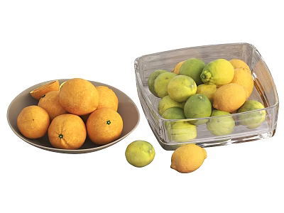 Fresh Oranges Limes And Lemons In Ceramic Bowl And Glass Container 3d model