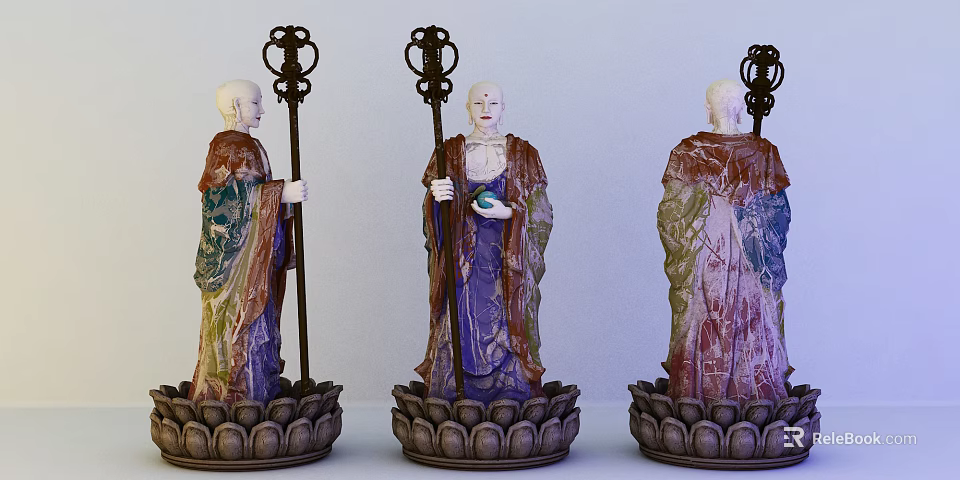 Three Traditional Buddhist Monk Sculptures With Staff Colorful Robes And Lotus Base 3d model 