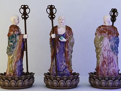 Three Traditional Buddhist Monk Sculptures With Staff Colorful Robes And Lotus Base 3d model