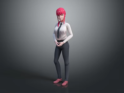 3D Character With Pink Hair White Shirt Black Tie Dark Pants Pink Shoes Standing Pose 3d model