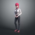 3D Character With Pink Hair White Shirt Black Tie Dark Pants Pink Shoes Standing Pose