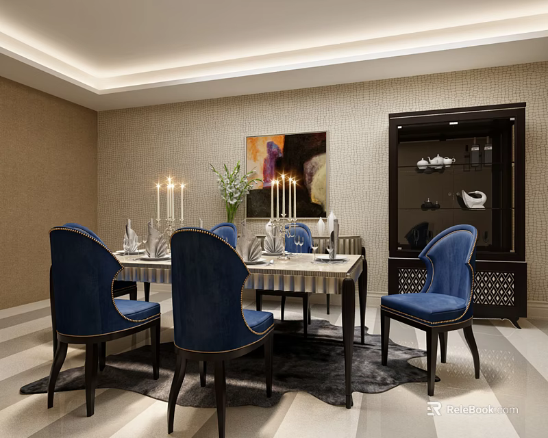 Elegant Dining Table Set With Blue Chairs Candlesticks Vase Tableware Beside Dark Glass Cabinet 3d model
